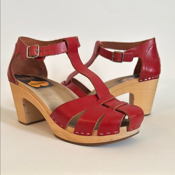 Swedish Hasbeens Red Leather T-Strap  Platform Heels EU 39 / 8-8.5 - Picture 8 of 11